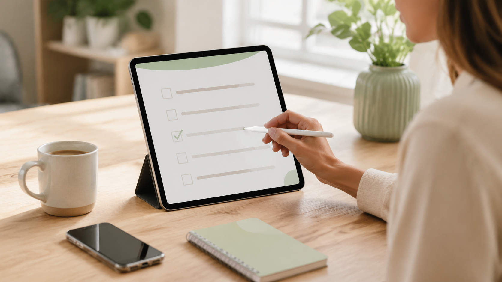 Unternehmerin arbeitet mit einer digitalen Checkliste auf dem Tablet