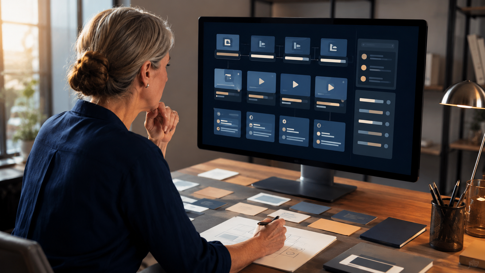 E-Learning-Beraterin analysiert Kursinhalte für professionelle Onlinekurs-Audits